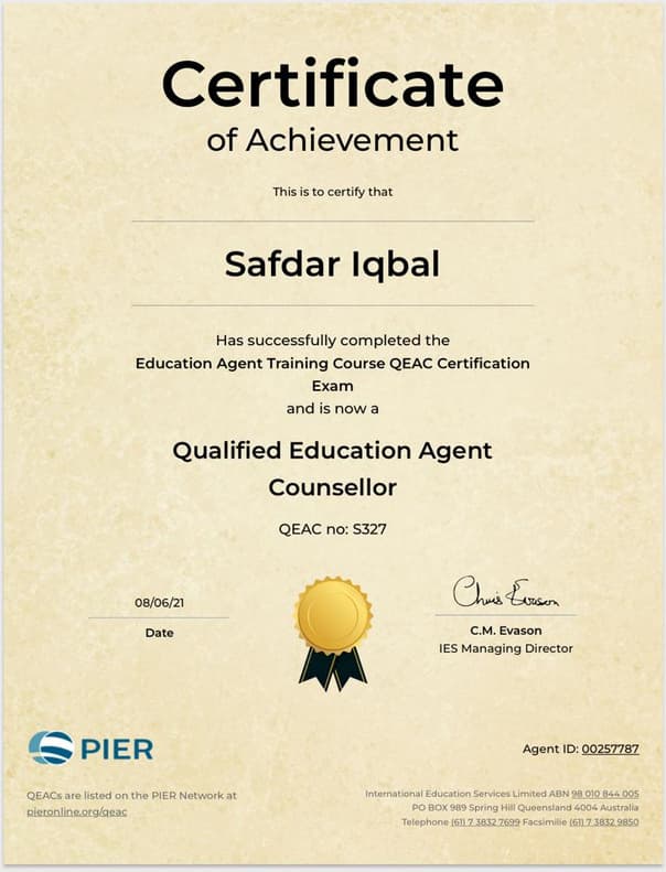 QEAC Certificate of Achievement — Safdar Iqbal